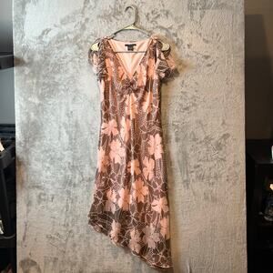 Vintage Pink Brown Floral‎ Pattern Asymmetrical Bottom Dress Y2k Size Small